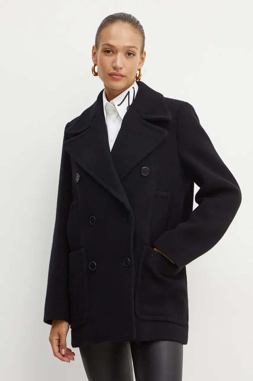 Karl Lagerfeld palton de lana culoarea negru, de tranzitie, cu doua randuri de nasturi, 246W1508 Karl Lagerfeld palton de lana culoarea negru, de tranzitie, cu doua randuri de nasturi, 246W1508