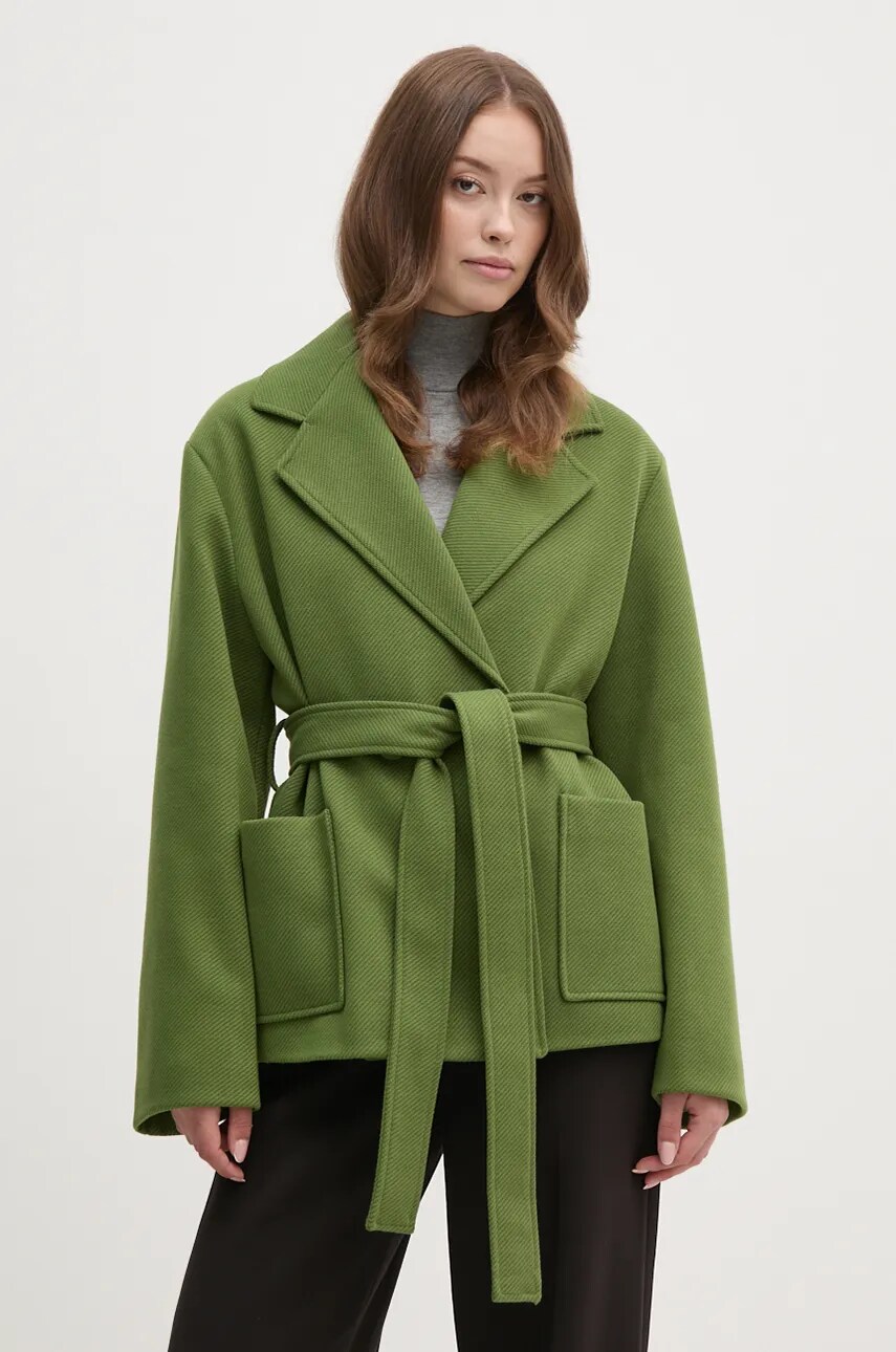 Artigli palton femei, culoarea verde, de tranzitie, cu doua randuri de nasturi, ACCP000161