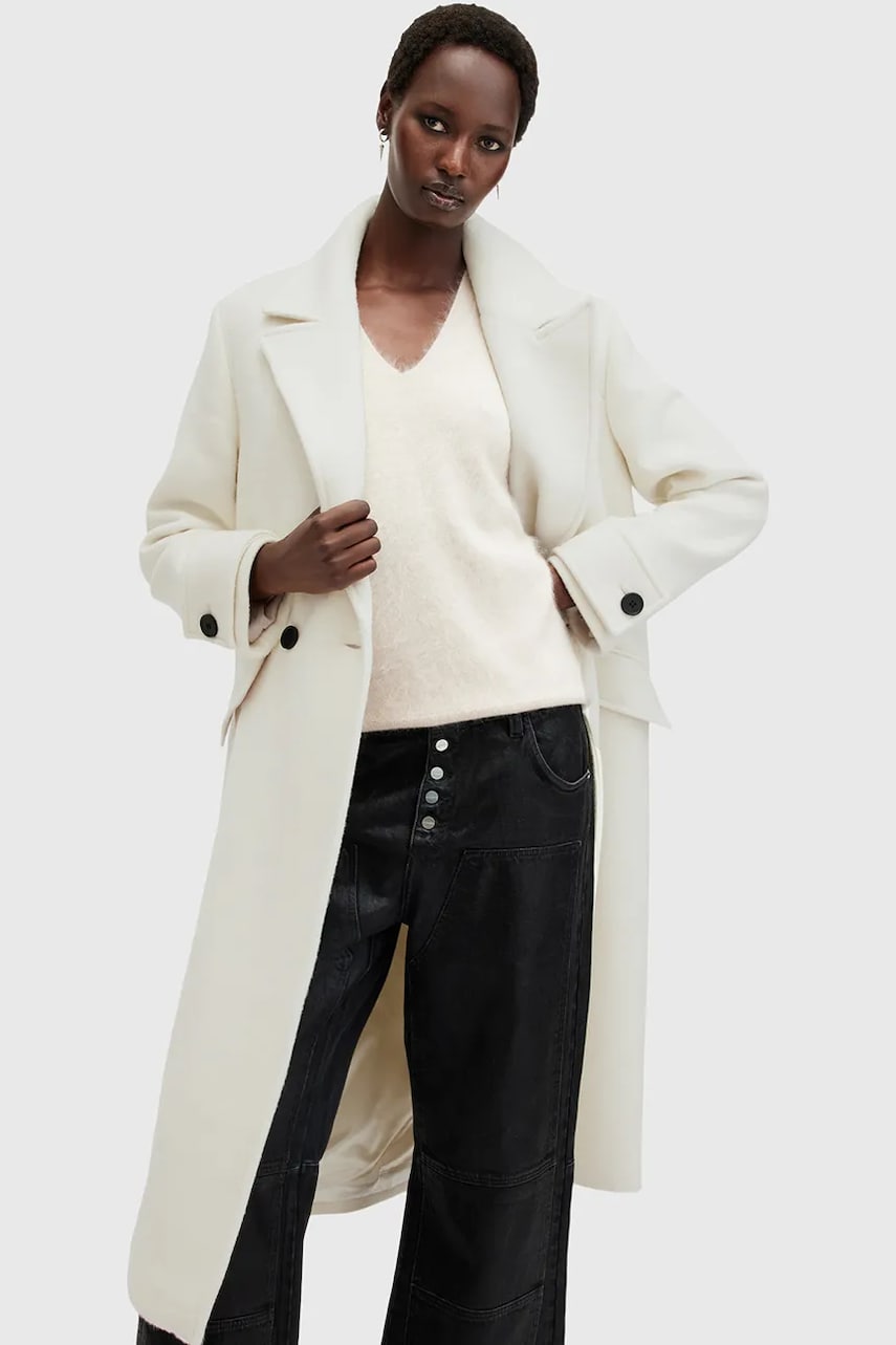 Пальто с примесью шерсти AllSaints MABEL COAT цвет белый переходное двубортное W006OZ Пальто с примесью шерсти AllSaints MABEL COAT цвет белый переходное двубортное W006OZ