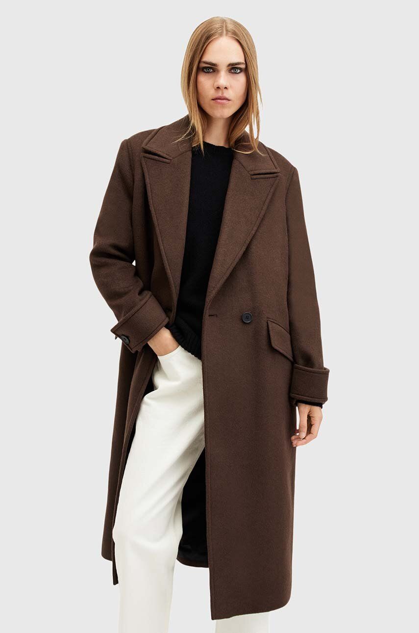 AllSaints palton din lana MABEL COAT culoarea maro, de tranzitie, cu doua randuri de nasturi, W006OZ