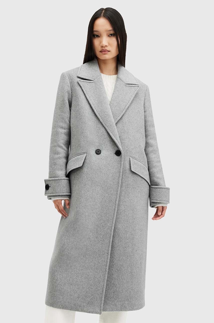 AllSaints palton din lana MABEL COAT culoarea gri, de tranzitie, cu doua randuri de nasturi, W006OZ AllSaints palton din lana MABEL COAT culoarea gri, de tranzitie, cu doua randuri de nasturi, W006OZ