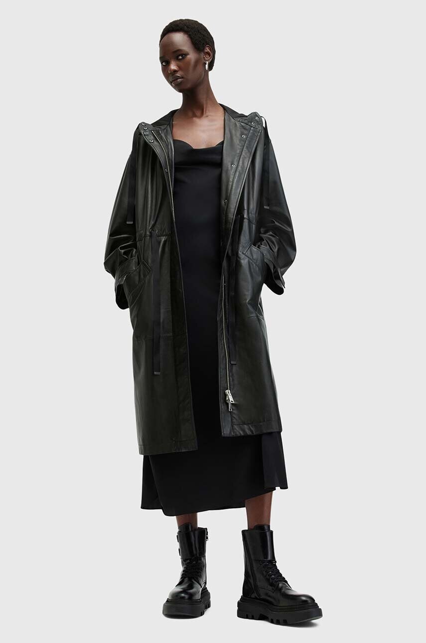 AllSaints palton de piele KELSEA LEA COAT femei, culoarea negru, de tranzitie, W028LB