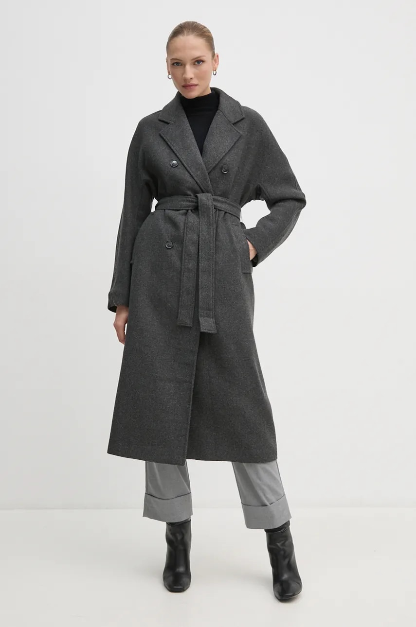 OUI palton din lana culoarea gri, de tranzitie, oversize, 89833 OUI palton din lana culoarea gri, de tranzitie, oversize, 89833