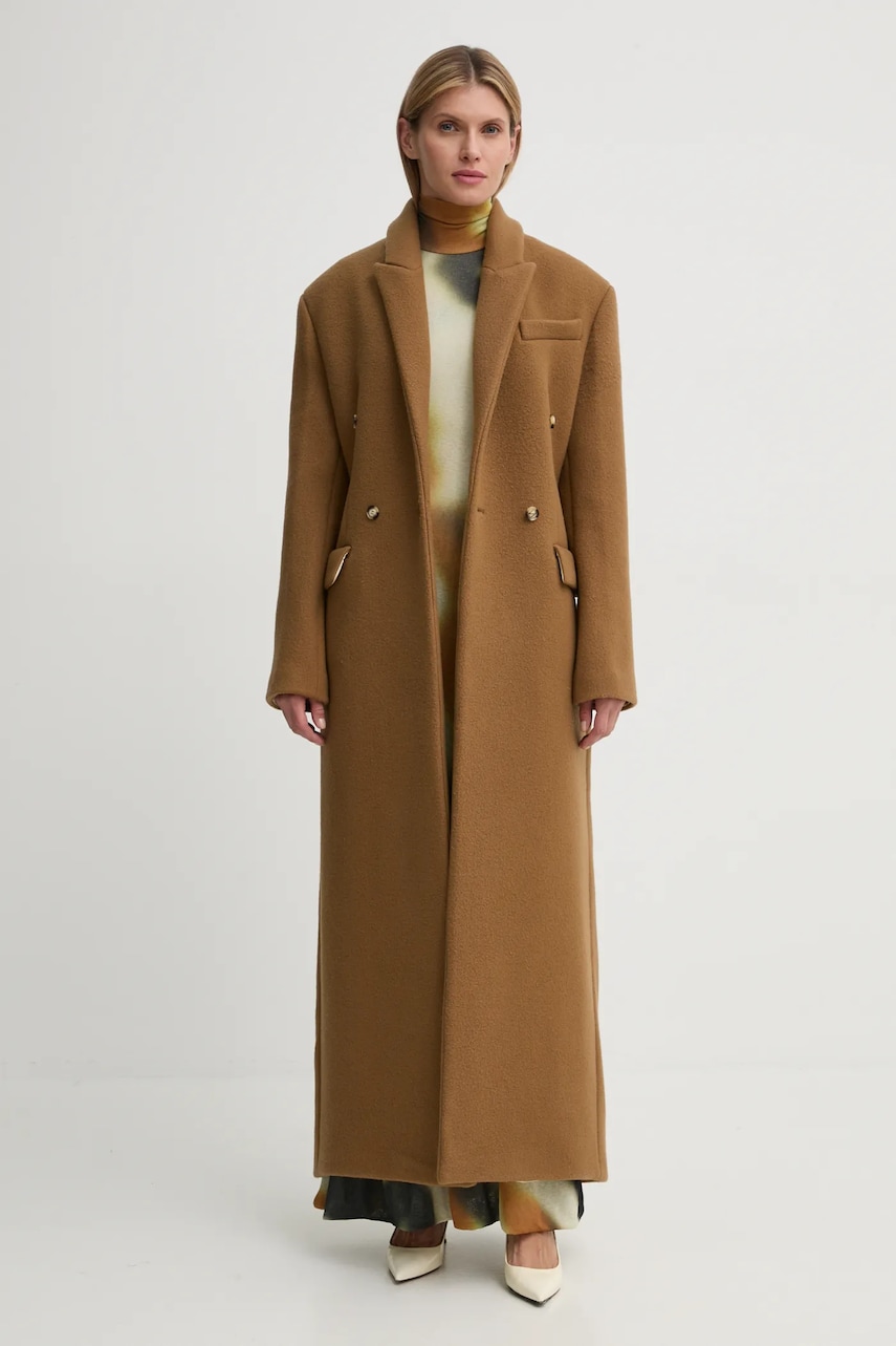 Nanushka palton de lana FERRIS culoarea maro, de tranzitie, cu doua randuri de nasturi, NW24FWOW40076 Nanushka palton de lana FERRIS culoarea maro, de tranzitie, cu doua randuri de nasturi, NW24FWOW40076