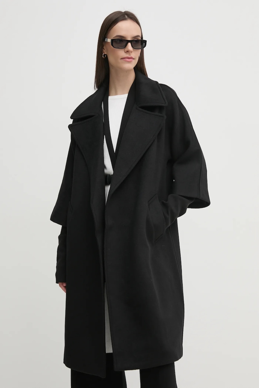 Tiffi palton de lana culoarea negru, de tranzitie, desfacut, 228090 GRACE