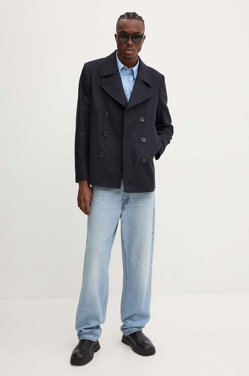 PS Paul Smith palton de lana culoarea albastru marin, de tranzitie, cu doua randuri de nasturi, M2R.597T.N21059
