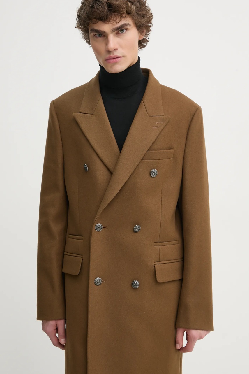 Вовняне пальто The Kooples колір коричневий перехідне двобортне HMAN29007K 