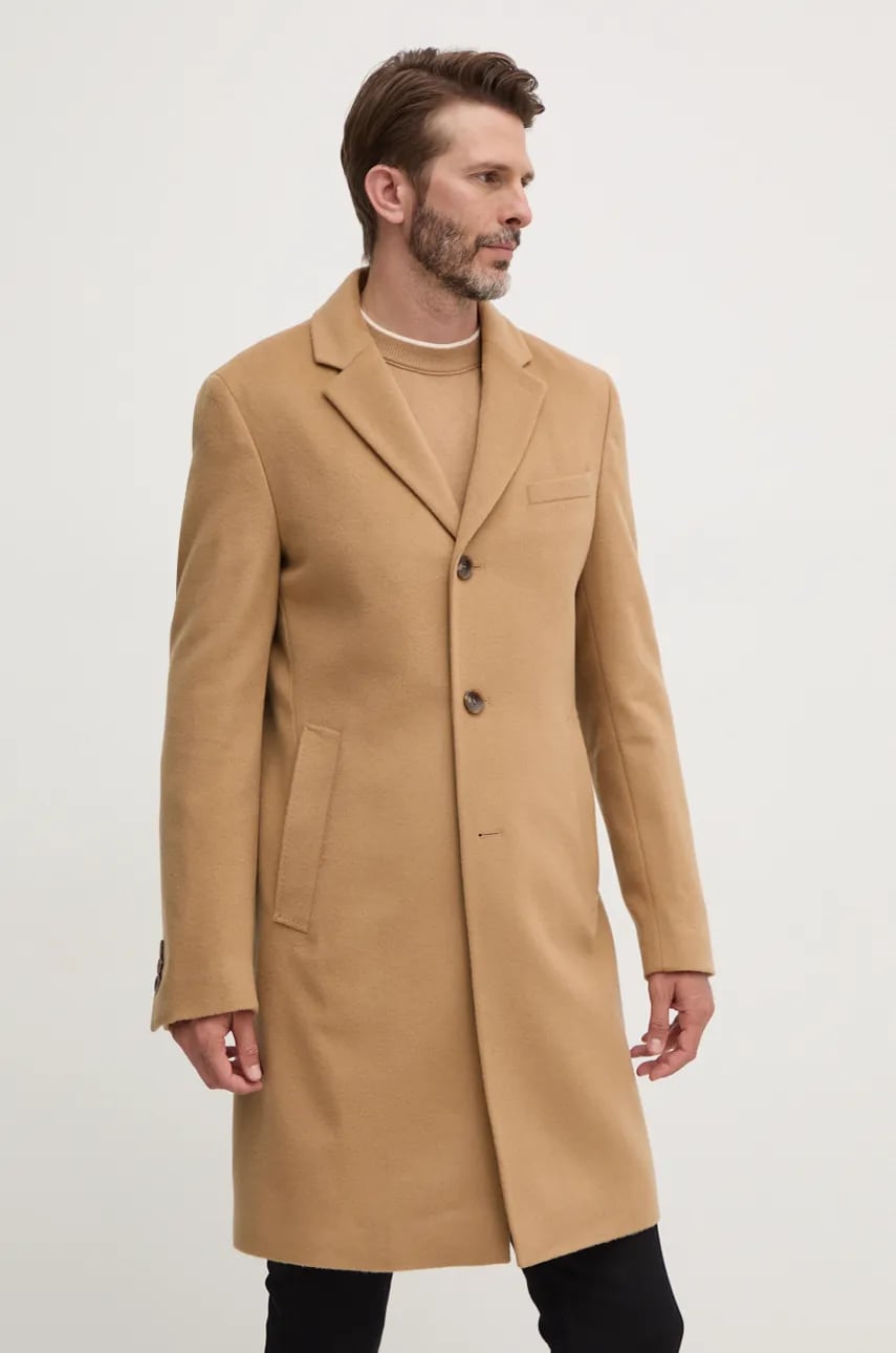 BOSS palton de lana culoarea bej, de tranzitie, 50525739