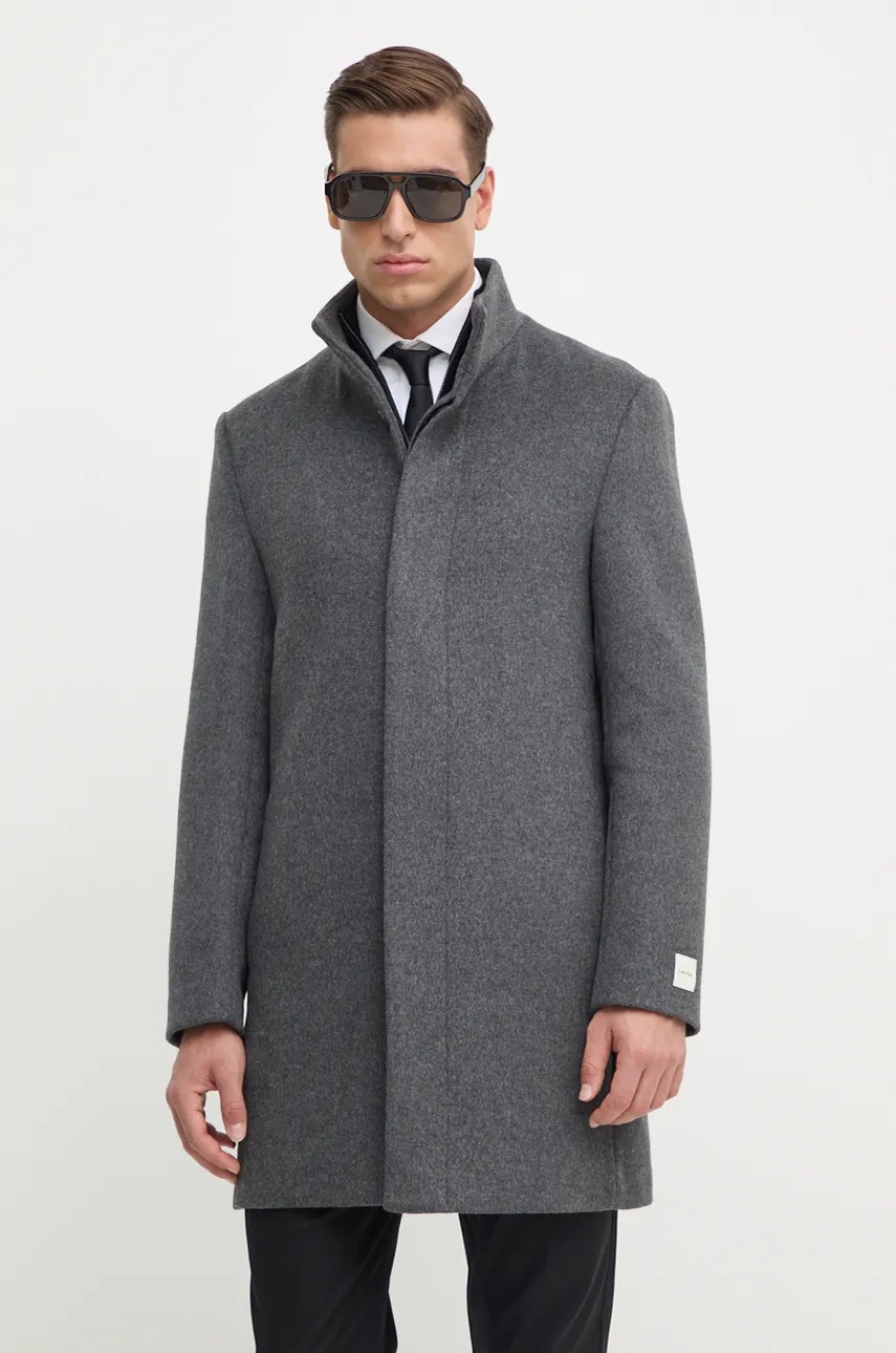 

Вълнено палто Calvin Klein в сиво преходен модел K10K113665, Сив