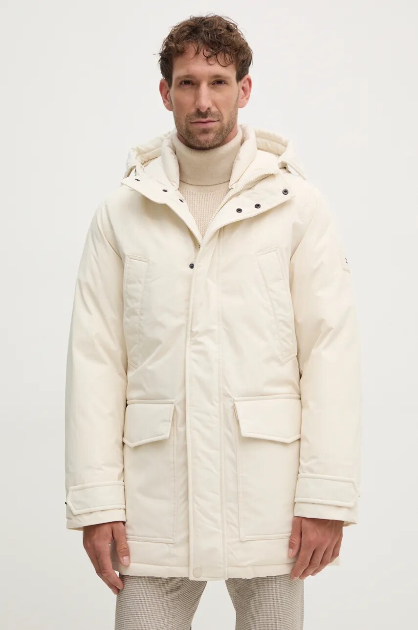 Levně Péřová bunda Tommy Hilfiger pánská, béžová barva, zimní, MW0MW36595