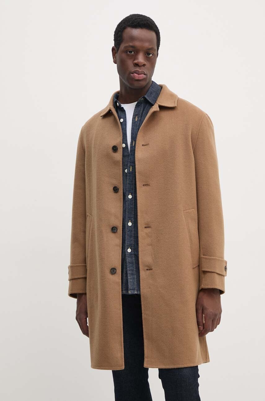 Levně Vlněný kabát Tommy Hilfiger hnědá barva, přechodný, MW0MW37395