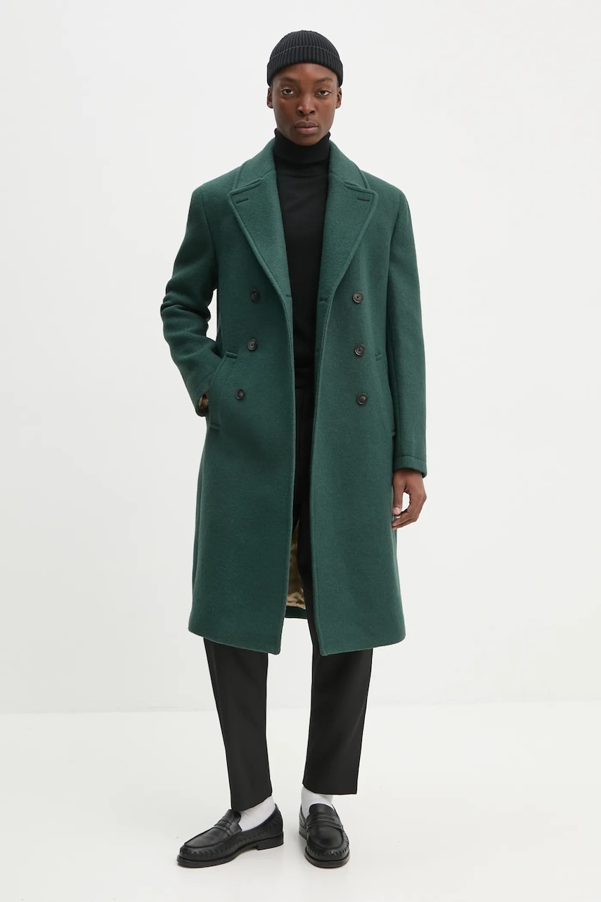 Drôle de Monsieur palton de lana Le Manteau Laine culoarea verde, de tranzitie, cu doua randuri de nasturi, E-CT134-WO030-DGN Drôle de Monsieur palton de lana Le Manteau Laine culoarea verde, de tranzitie, cu doua randuri de nasturi, E-CT134-WO030-DGN