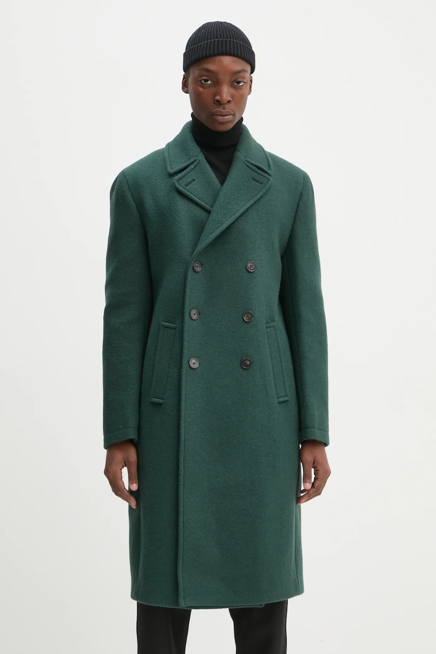 Шерстяное пальто Drôle de Monsieur Le Manteau Laine цвет зелёный переходное двубортное E-CT134-WO030-DGN Шерстяное пальто Drôle de Monsieur Le Manteau Laine цвет зелёный переходное двубортное E-CT134-WO030-DGN