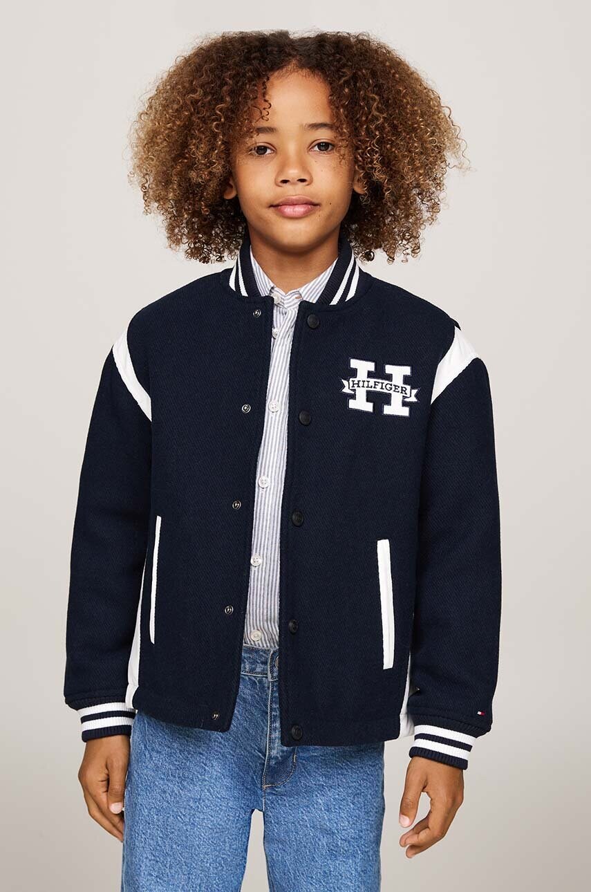 Levně Dětská bomber bunda s příměsí vlny Tommy Hilfiger tmavomodrá barva, KB0KB09089