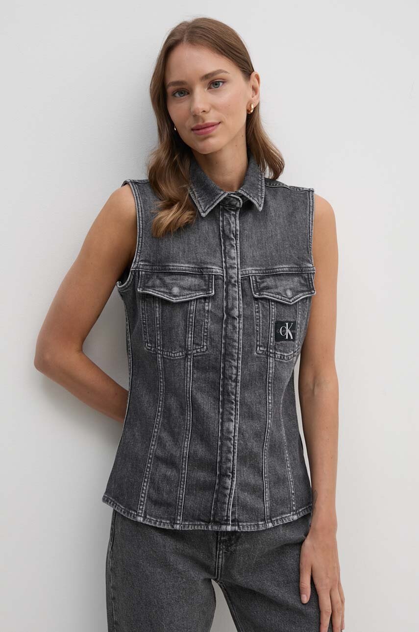 

Дънков елек Calvin Klein Jeans дамска в сиво с едно копче J20J223880, Сив