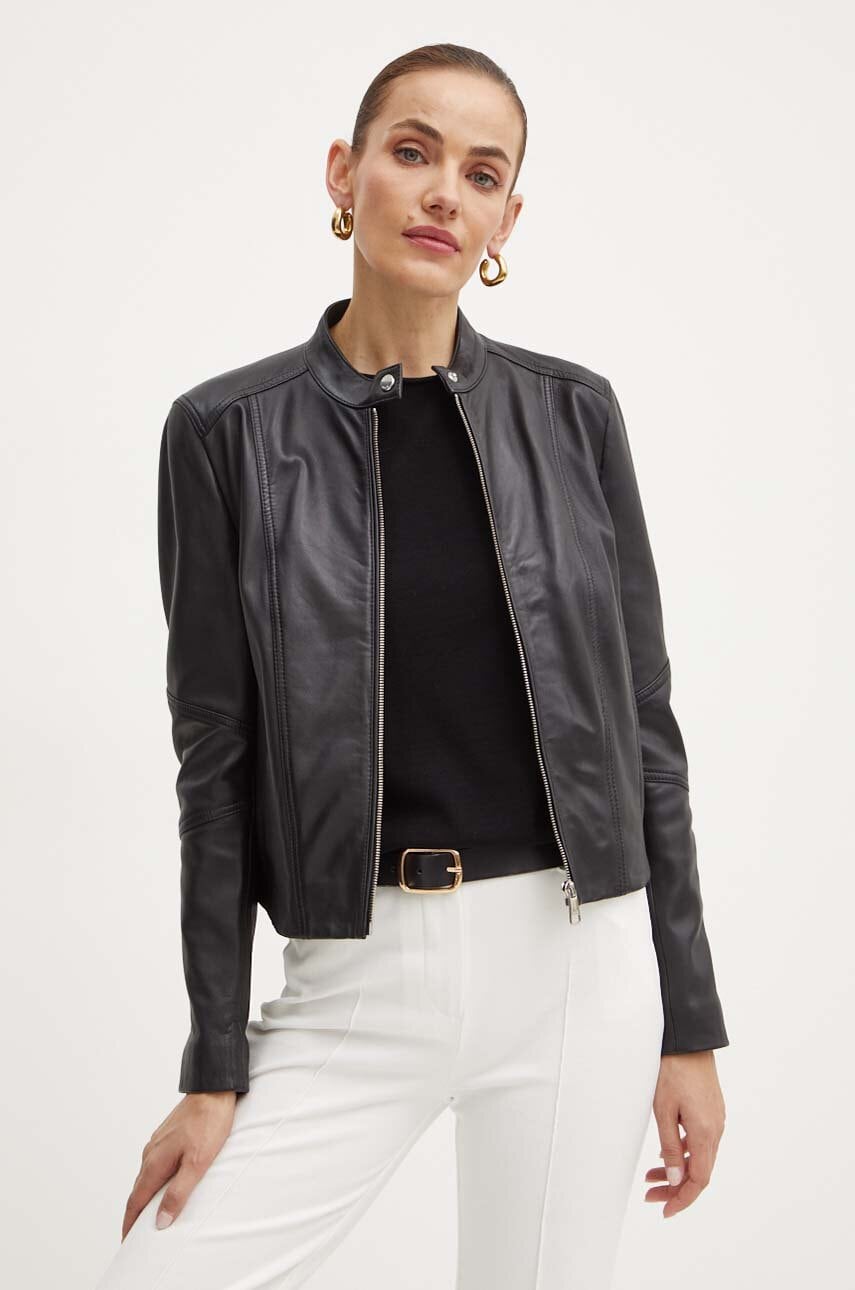 Boss Orange geaca de piele femei, culoarea negru, de tranzitie, 50522033 Boss Orange geaca de piele femei, culoarea negru, de tranzitie, 50522033