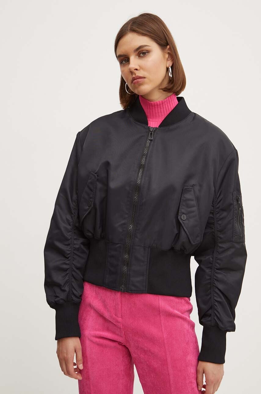 HUGO geaca bomber femei, culoarea negru, de tranzitie, oversize, 50517107