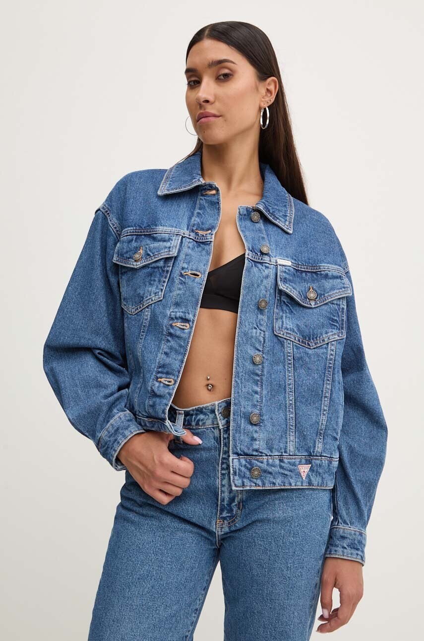 Levně Džínová bunda Guess Jeans dámská, modrá barva, přechodná, oversize, W4YN56 D5CC3