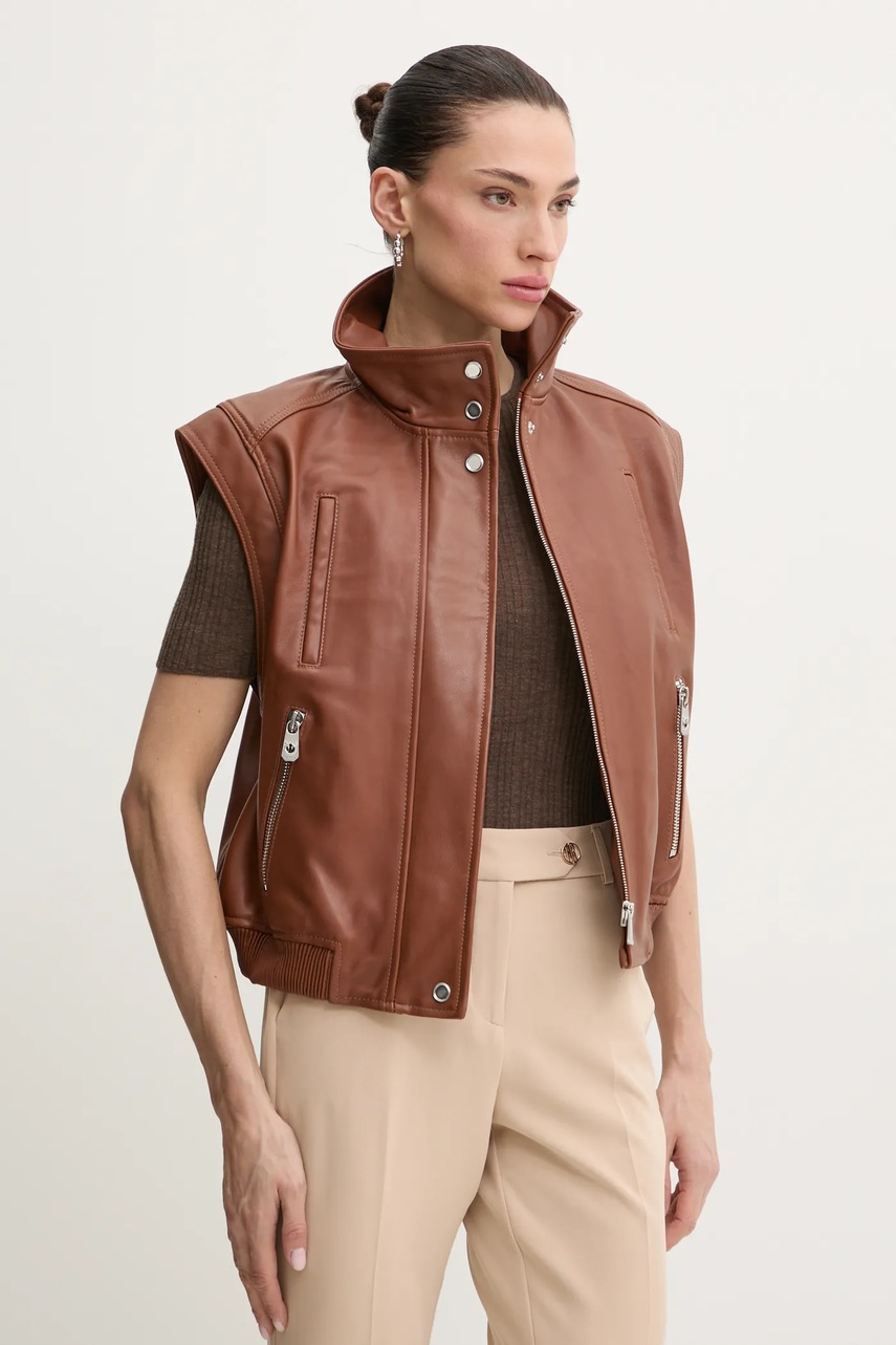 Δερμάτινο γιλέκο Pinko γυναικείο, χρώμα: καφέ, 103898 A21L φωτογραφία