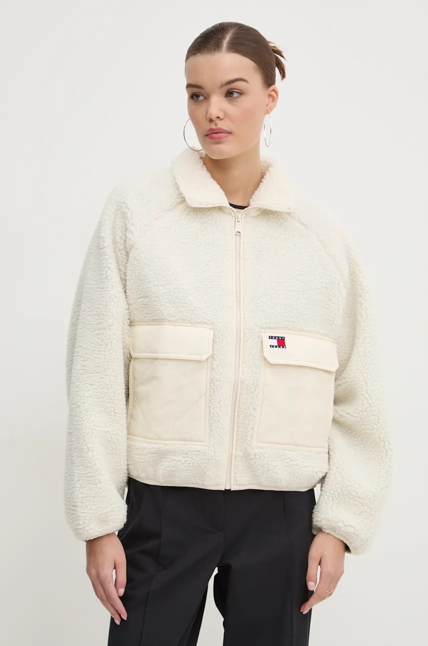 Bunda Tommy Jeans dámská, béžová barva, přechodná, DW0DW18303