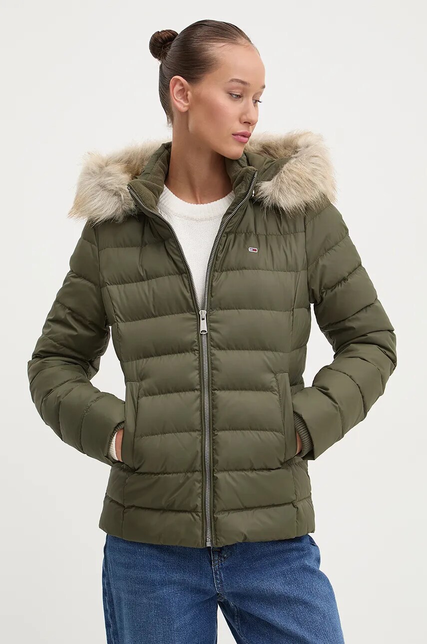 Tommy Jeans geaca de puf femei, culoarea verde, de iarna, DW0DW18312