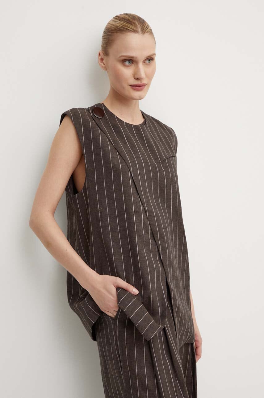 Day Birger et Mikkelsen vestă de in Enid - Casual Linen Stripe culoarea maro, un singur rand de nasturi, DAY65243328 Day Birger et Mikkelsen vestă de in Enid - Casual Linen Stripe culoarea maro, un singur rand de nasturi, DAY65243328