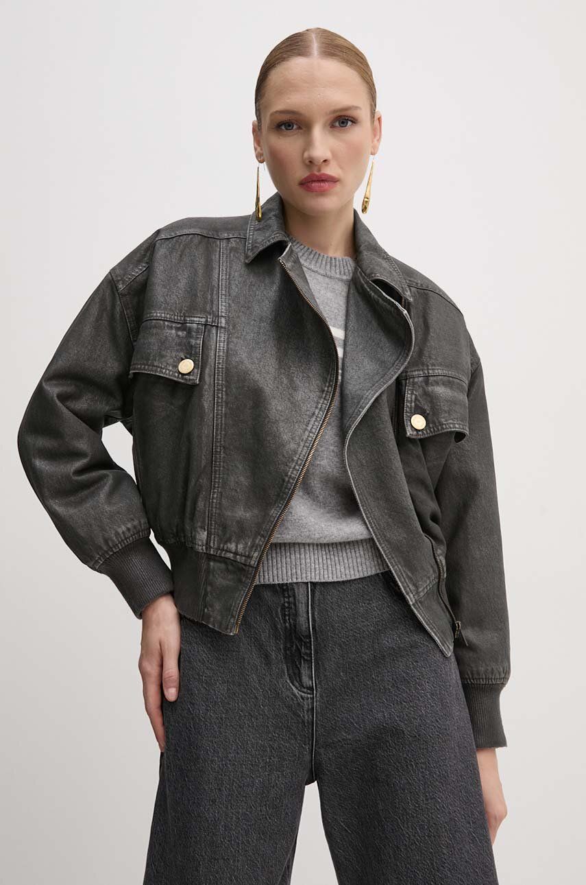 Elisabetta Franchi geacă din denim femei, culoarea gri, de iarnă, oversized, BJ31I46E2