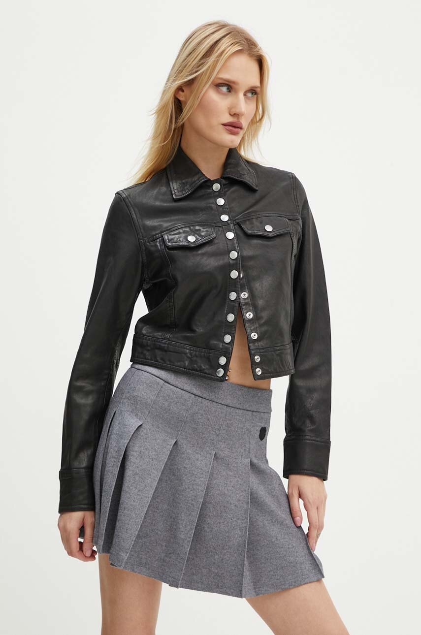 The Kooples geaca de piele femei, culoarea negru, de tranzitie, FCUI29002K