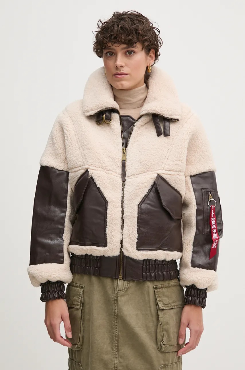 Alpha Industries geaca Teddy PU Bomber femei, culoarea bej, de tranzitie, oversize, 148001