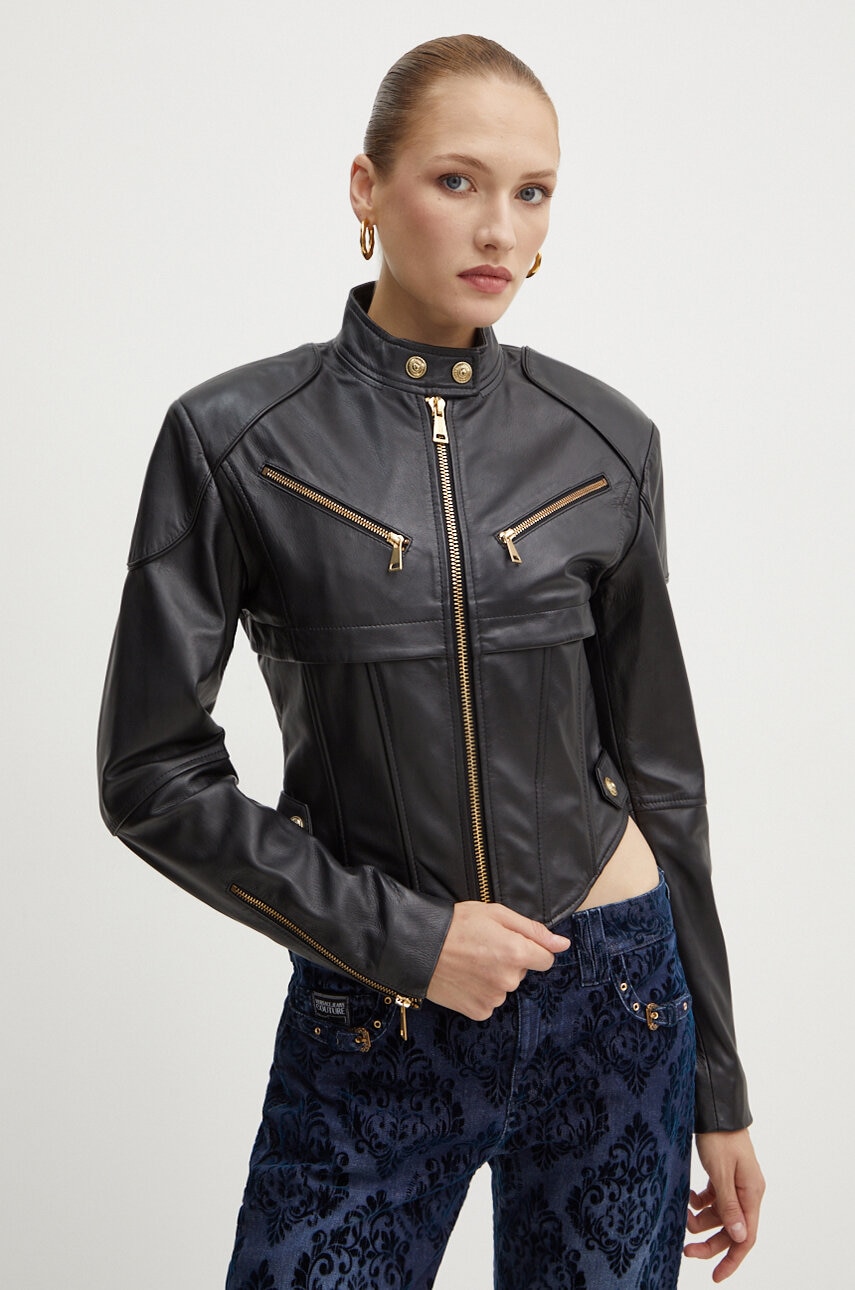 Versace Jeans Couture geaca de piele femei, culoarea negru, de tranzitie, 77HAVP04 CP009 Versace Jeans Couture geaca de piele femei, culoarea negru, de tranzitie, 77HAVP04 CP009
