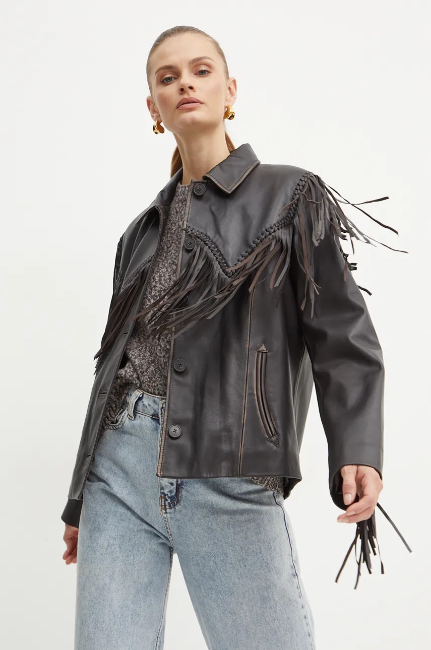 Weekend Max Mara geaca de piele femei, culoarea maro, de tranzitie, 2425446016600