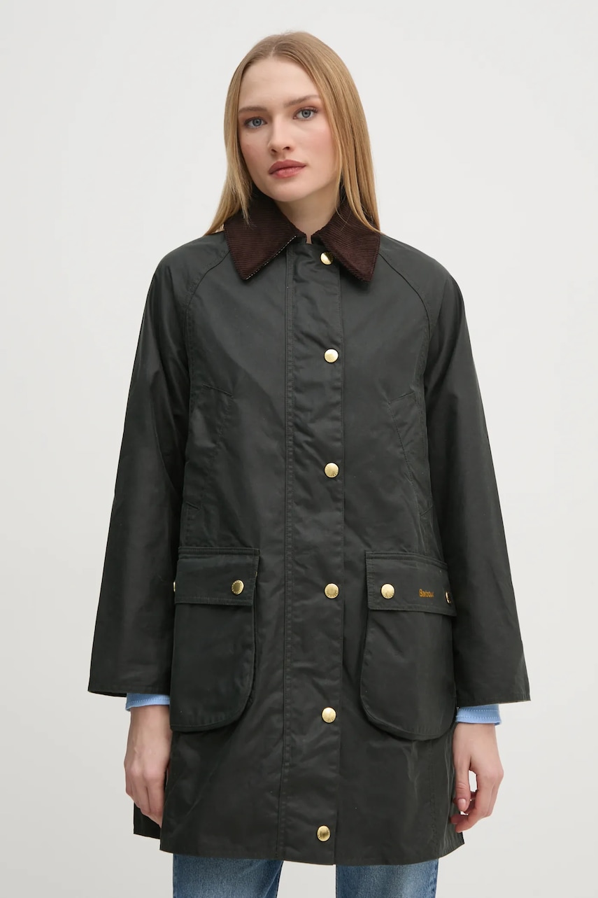 Barbour geaca Long Beadnell Wax femei, culoarea verde, de tranzitie, LWX1404