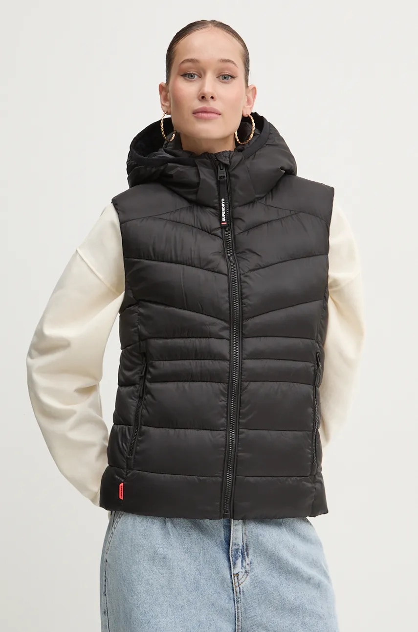 Superdry vesta femei, culoarea negru, de iarna, W5011715A-02A Superdry vesta femei, culoarea negru, de iarna, W5011715A-02A