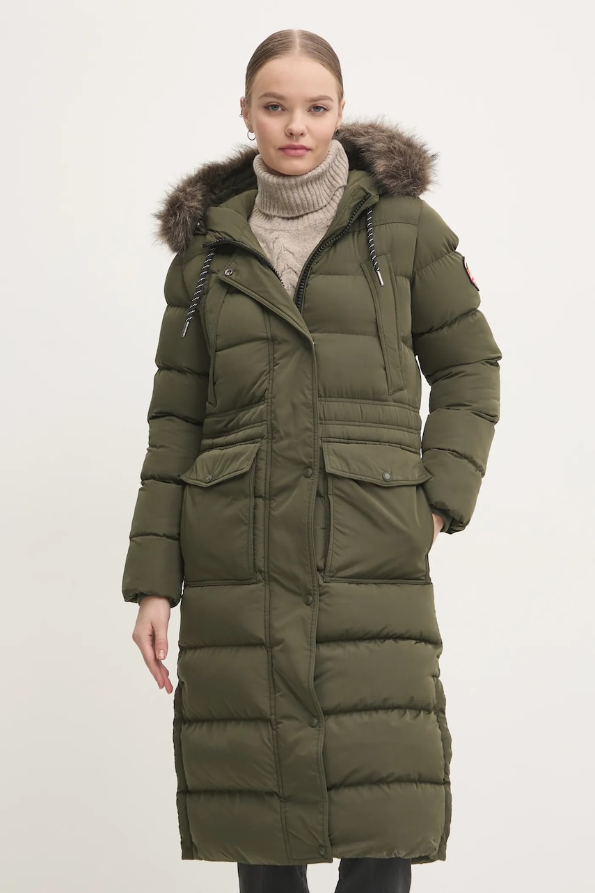 Superdry geaca femei, culoarea verde, de iarna, W5011788A-ZC3 Superdry geaca femei, culoarea verde, de iarna, W5011788A-ZC3