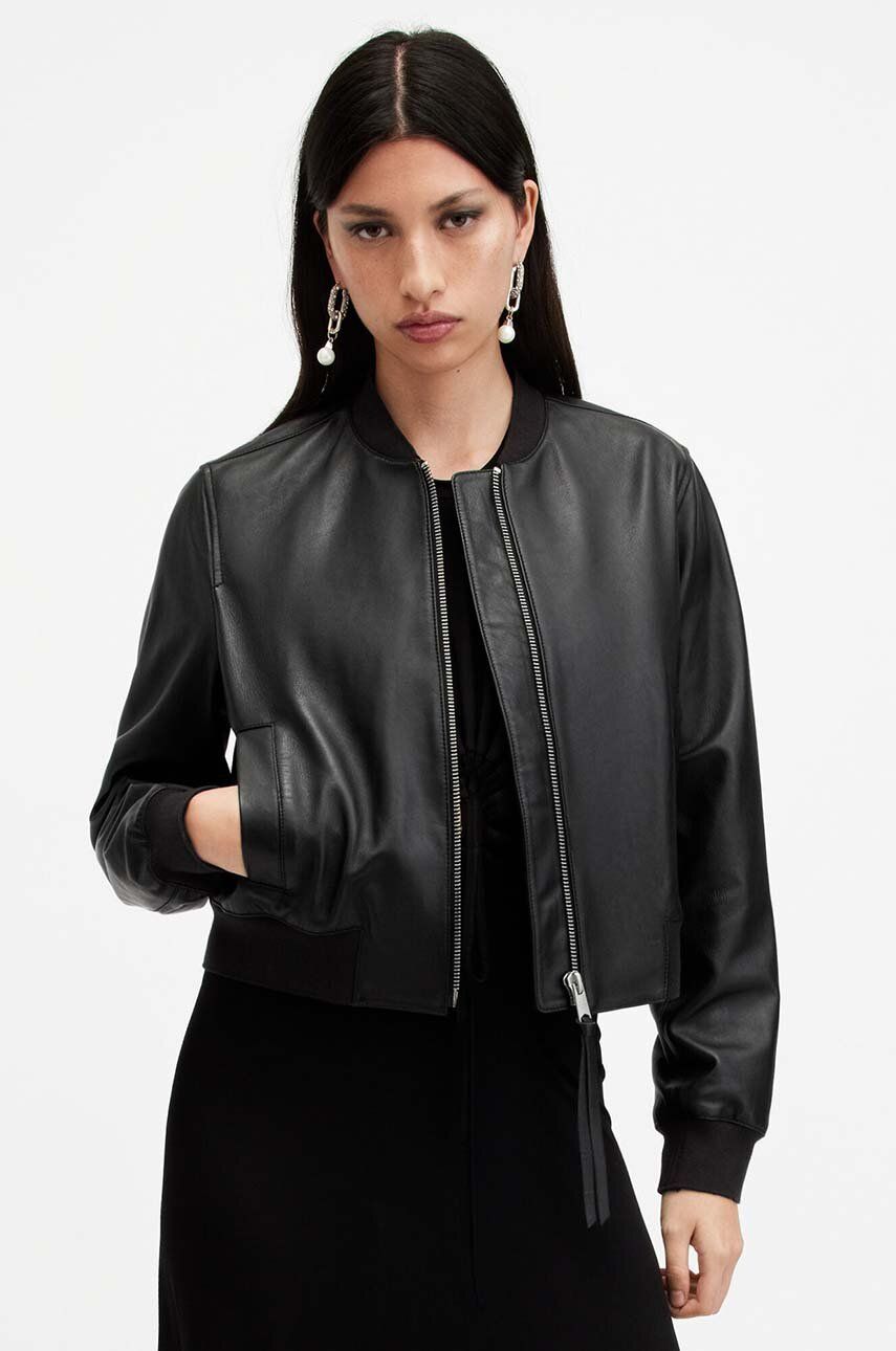 Kožená bunda AllSaints ORTEN BOMBER JACKET dámska, čierna farba, prechodná, W072LB