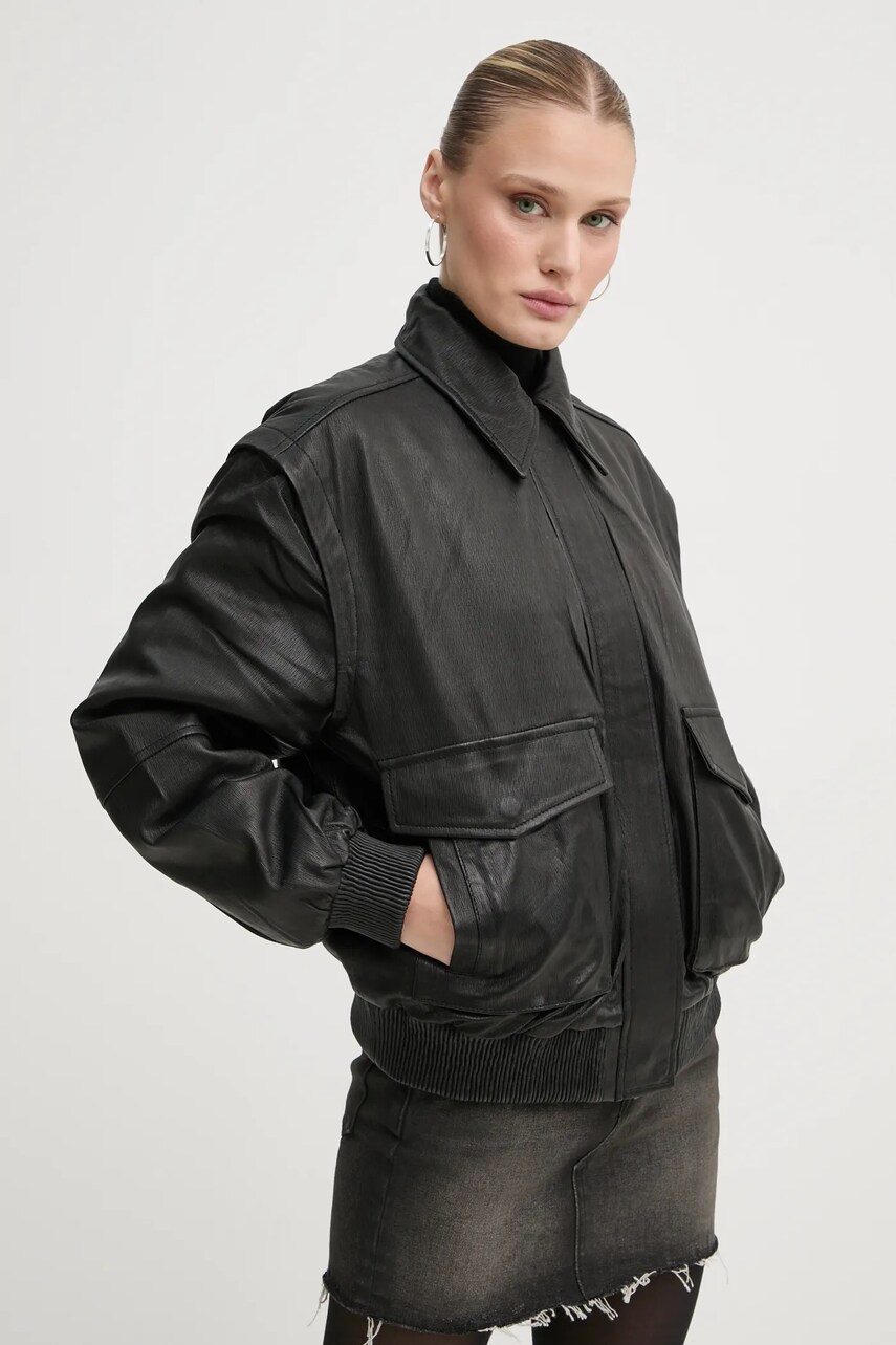 Remain geaca de piele femei, culoarea negru, de tranzitie, 502051