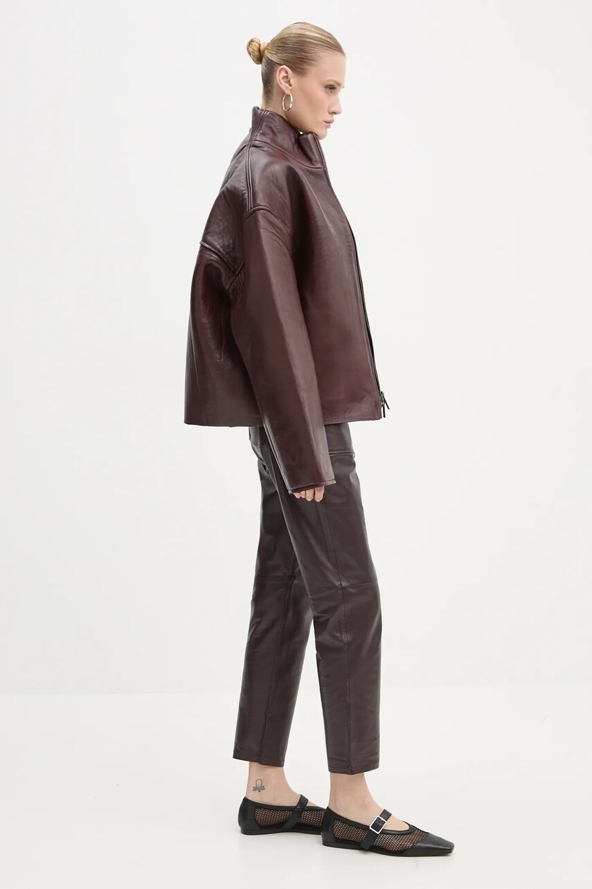 Remain geaca de piele femei, culoarea bordo, de tranzitie, oversize, 502440