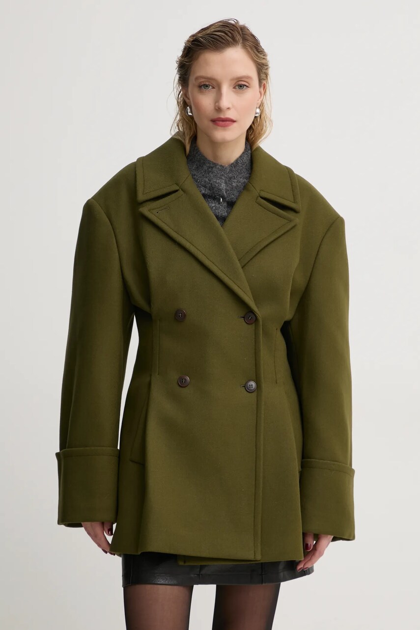 Remain palton de lana 0 culoarea verde, de tranzitie, cu doua randuri de nasturi, 502457