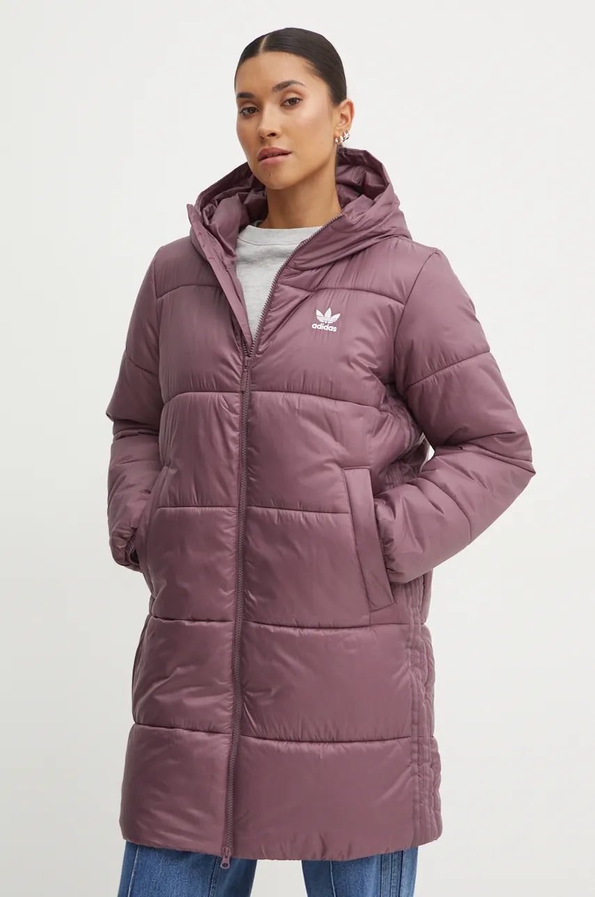 adidas Originals geaca Long Puffer femei, culoarea violet, de iarna, IW5857 adidas Originals geaca Long Puffer femei, culoarea violet, de iarna, IW5857