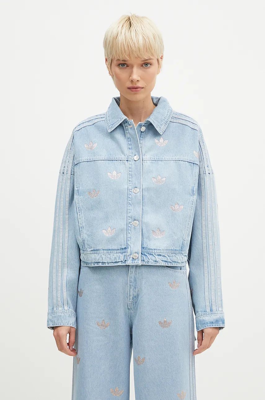 Džínová bunda adidas Originals Femme Galore Denim Rhinestone Jacket dámská, modrá barva, přechodná, JN3021