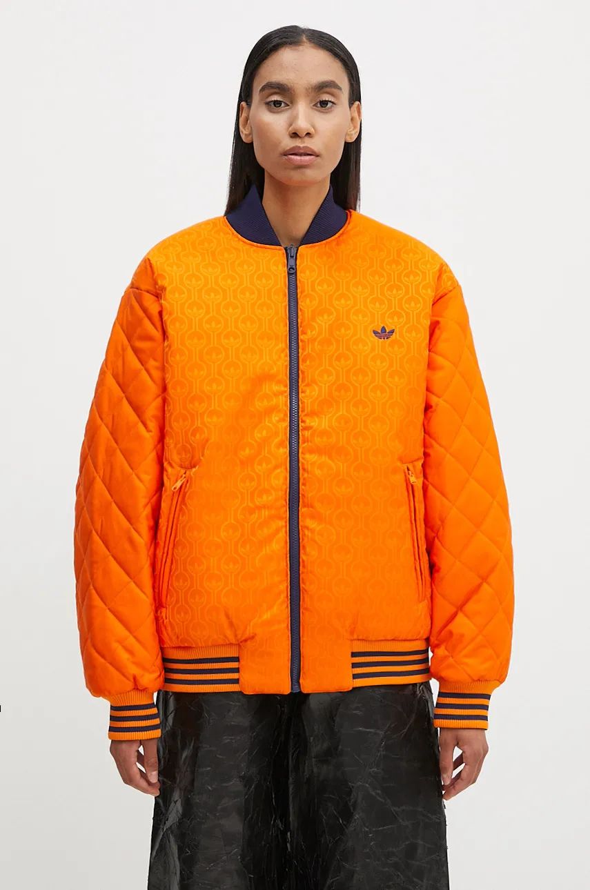 Oboustranná bomber bunda adidas Originals 70s Reversible Oversized Bomber Jacket dámská, oranžová barva, zimní, oversize, JN7657