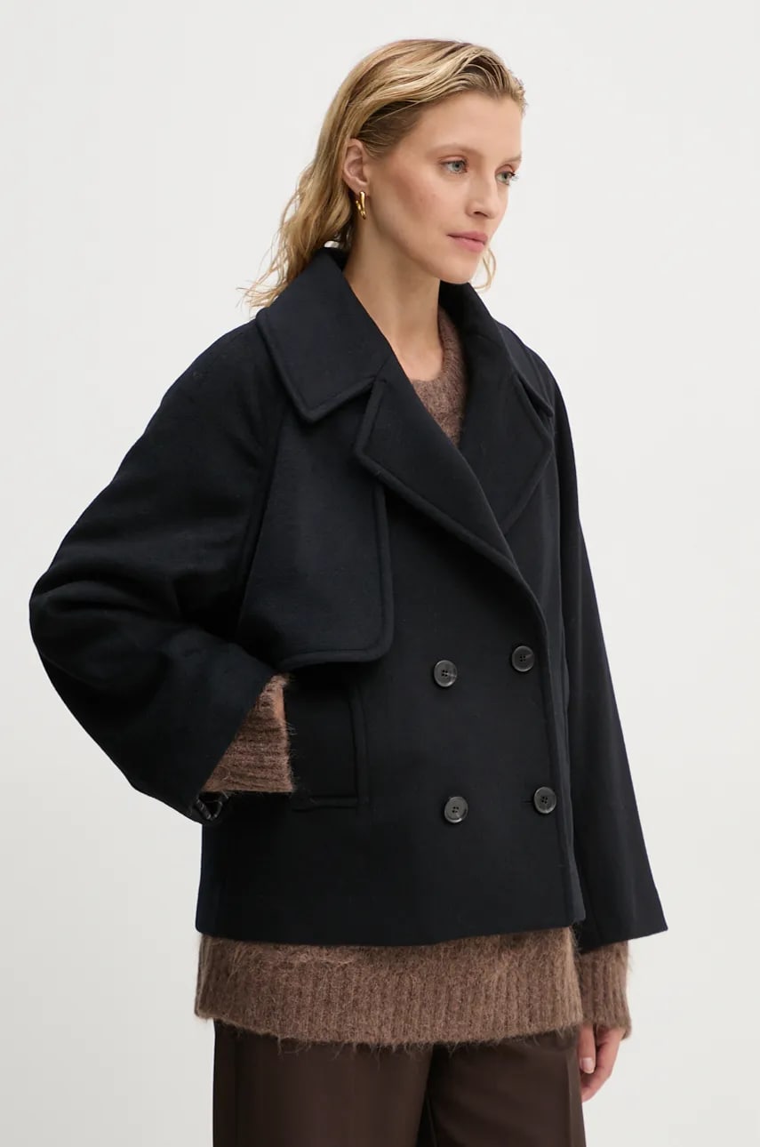 MUNTHE palton de lana THOKE culoarea negru, de tranzitie, oversize, 243153424340 MUNTHE palton de lana THOKE culoarea negru, de tranzitie, oversize, 243153424340