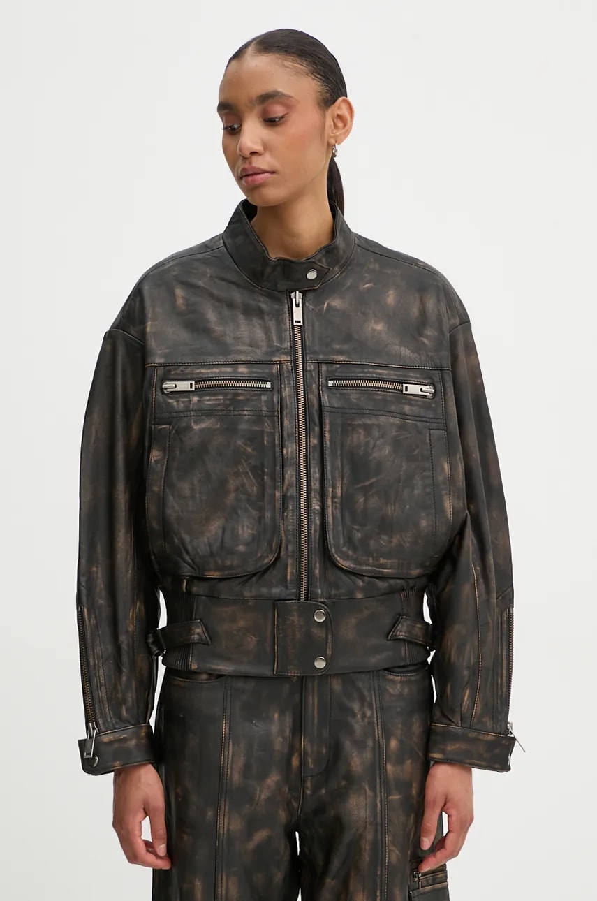 Gestuz geaca de piele femei, culoarea negru, de tranzitie, oversize, 10909473 Gestuz geaca de piele femei, culoarea negru, de tranzitie, oversize, 10909473