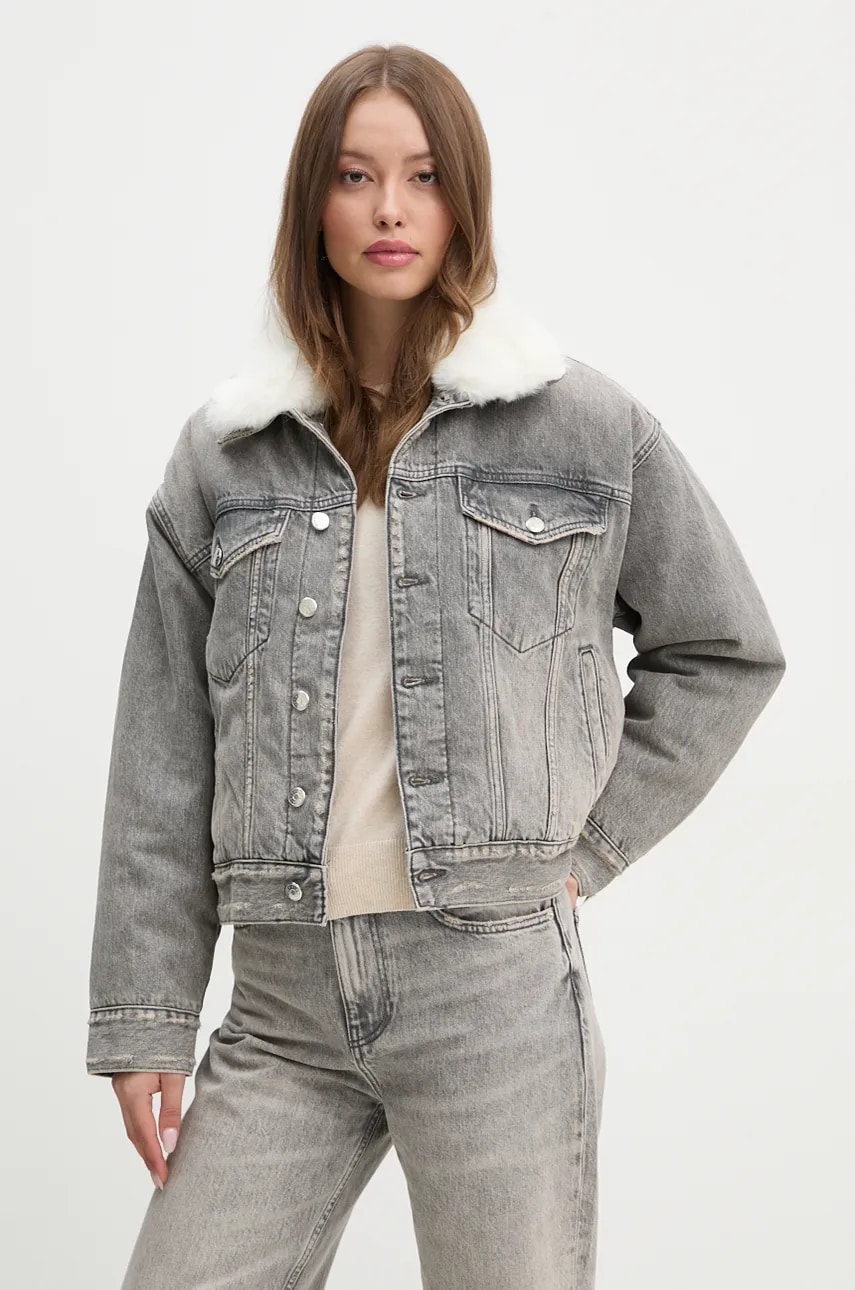 Sisley geacă din denim femei, culoarea gri, de tranziție, oversized, 2YRZLN04Y Sisley geacă din denim femei, culoarea gri, de tranziție, oversized, 2YRZLN04Y