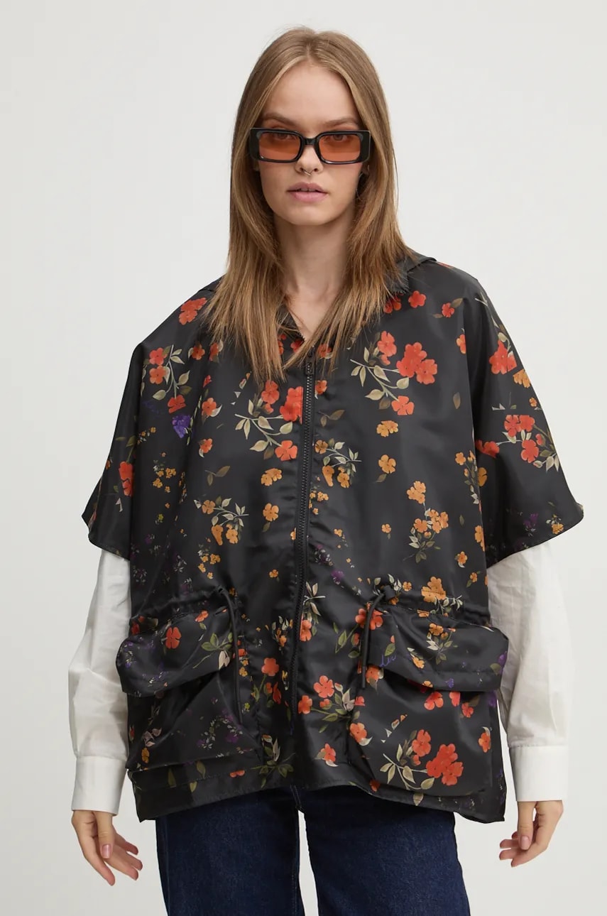 Desigual geaca ARTISTIC FLOWER RI femei, culoarea negru, de tranzitie, oversize, 24WAIY07