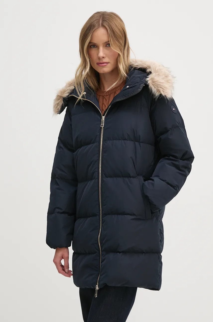 Levně Péřová bunda Tommy Hilfiger dámská, tmavomodrá barva, zimní, WW0WW42743