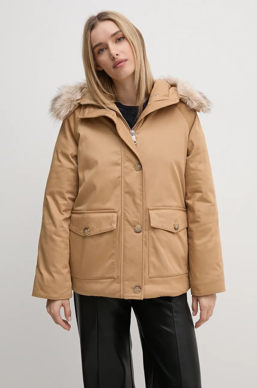 Levně Bunda Tommy Hilfiger dámská, béžová barva, zimní, WW0WW42744