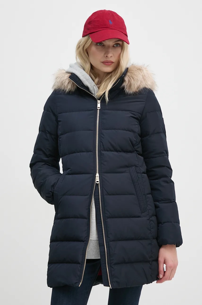 Levně Péřová bunda Tommy Hilfiger dámská, tmavomodrá barva, zimní, WW0WW43234