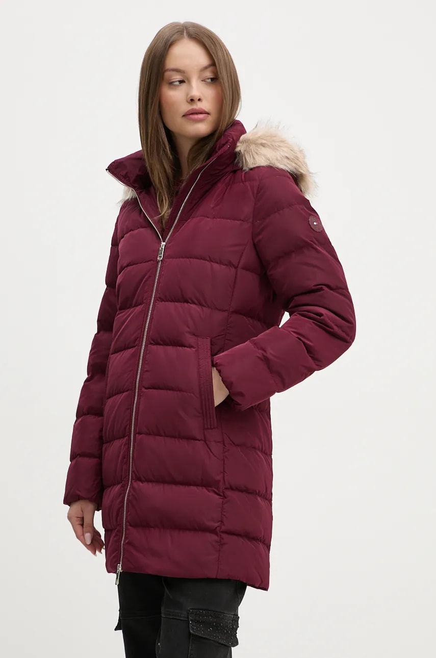 Levně Péřová bunda Tommy Hilfiger dámská, vínová barva, zimní, WW0WW43234