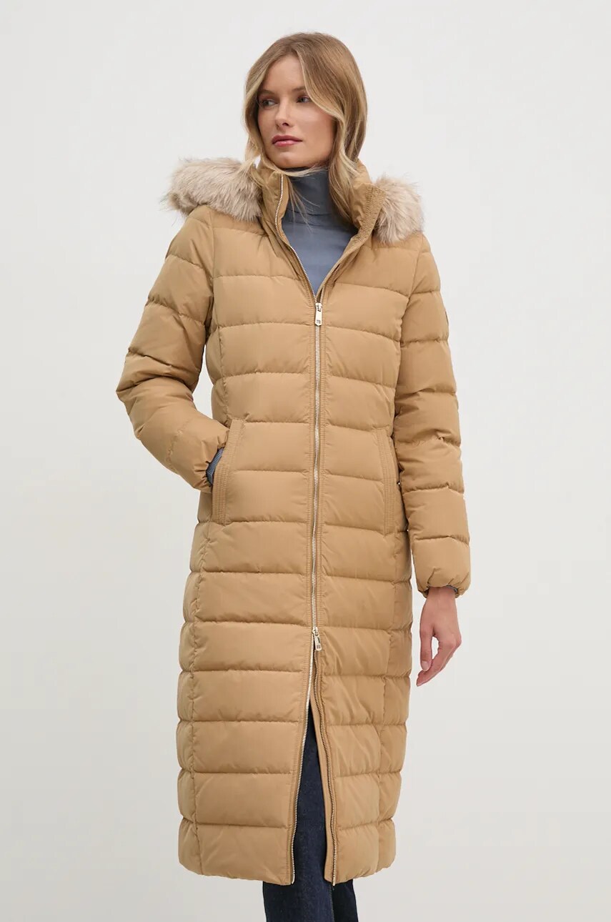 Levně Péřová bunda Tommy Hilfiger dámská, béžová barva, zimní, WW0WW43601